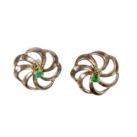 Sterling Silver Flower Stud Earrings With Emerald Centers - Picture 1 of 4